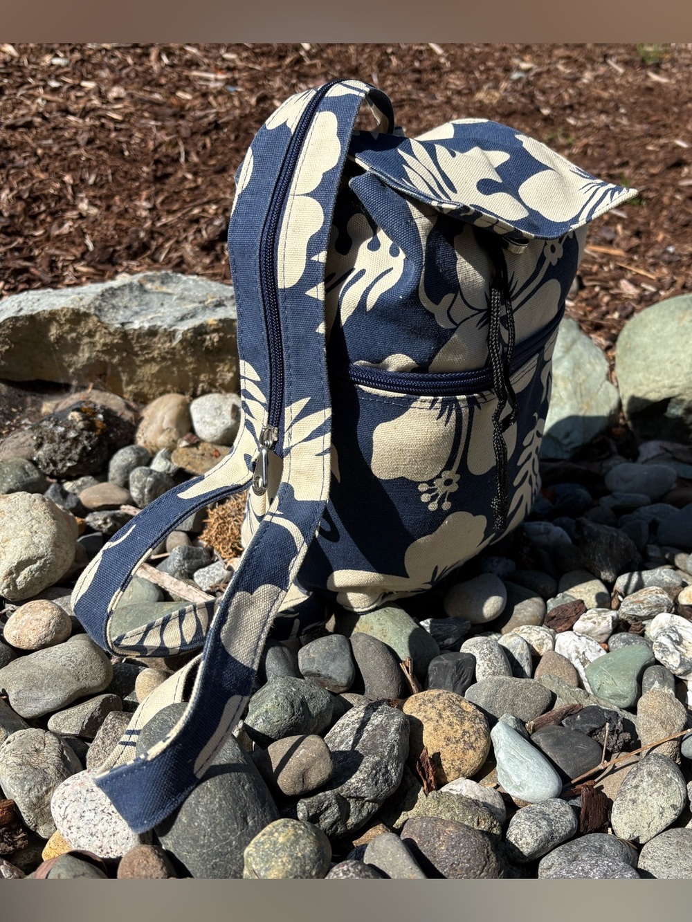 Vintage 90s Navy and Cream Floral Canvas Backpack